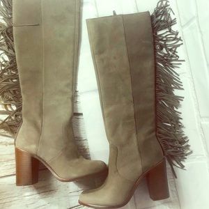 GIANNI BINI Fringe gray leather boots block heel